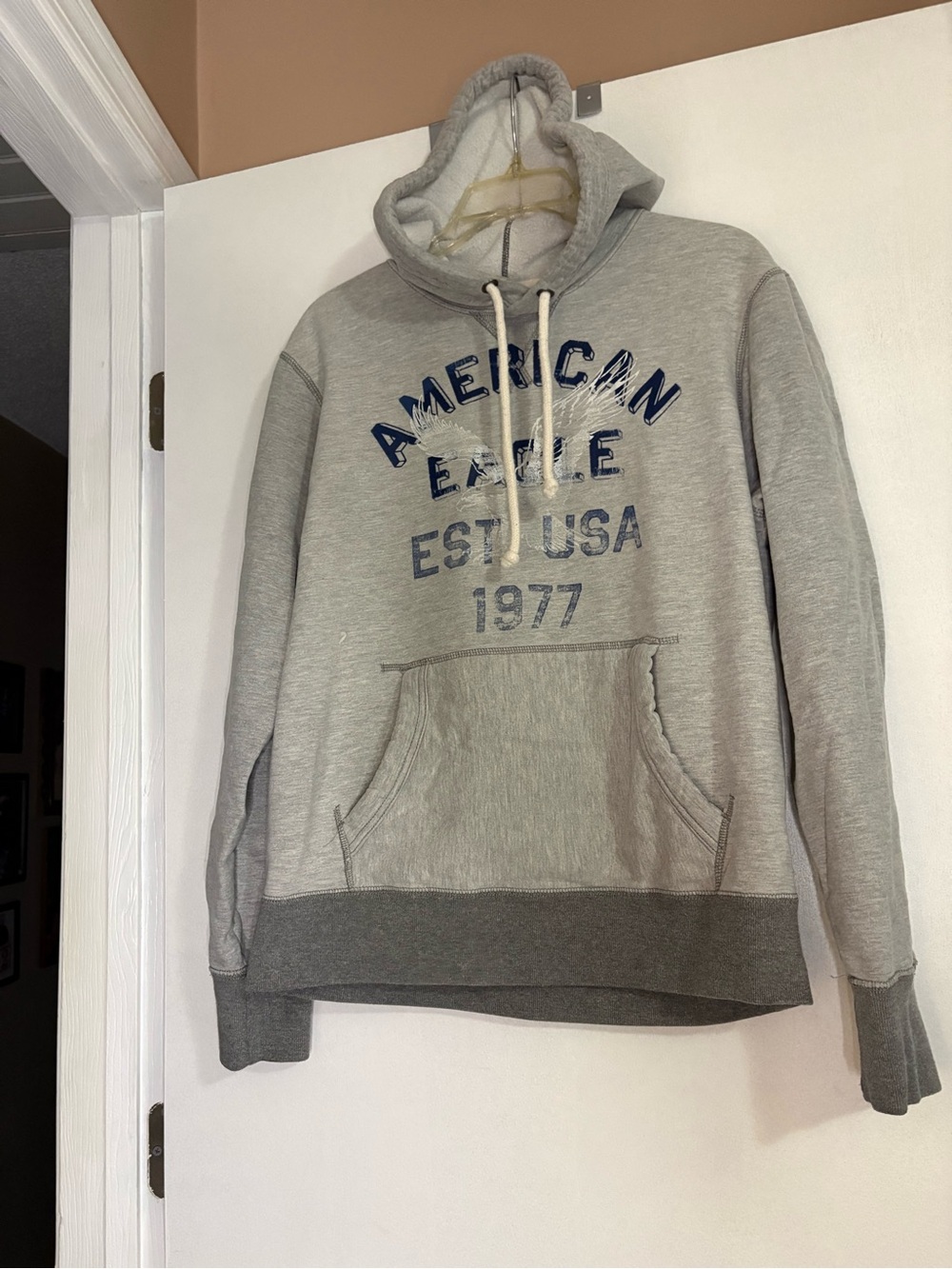 American Eagle Outfitters Heather Gray Pullover Hoodie with Navy Logo